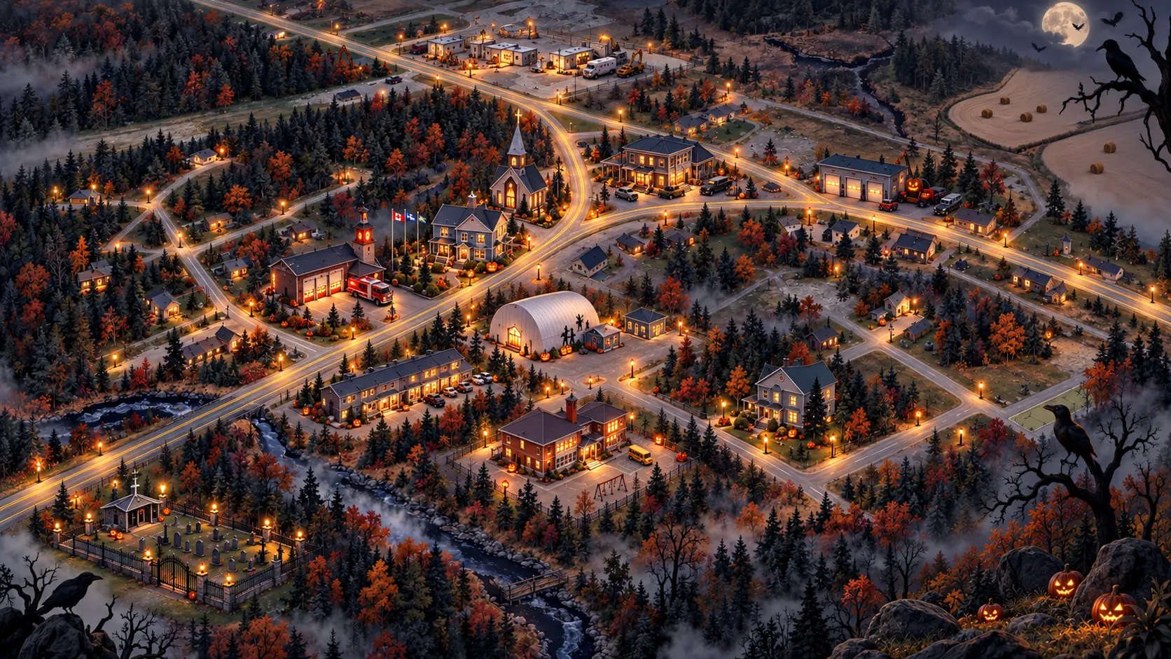 Illustration aérienne du village de Rivière-Héva la nuit de l'Halloween